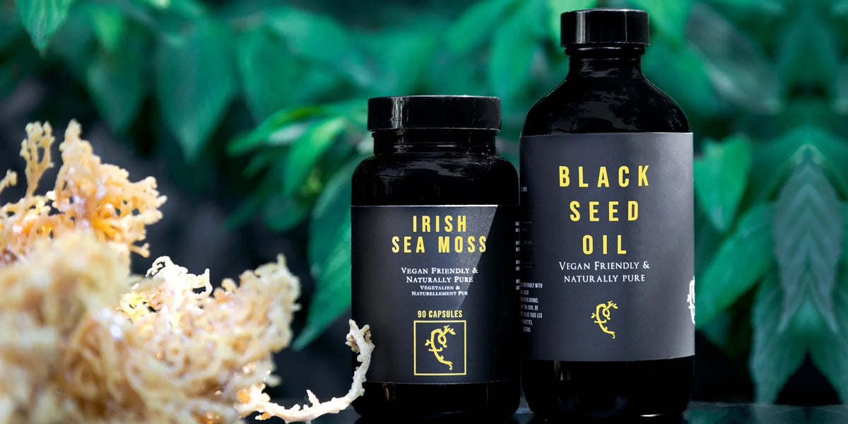 A bottle of Farmacy For Life's Irish Sea Moss capsules and Black Seed Oil next to real Irish Sea Moss and with leaves in the background