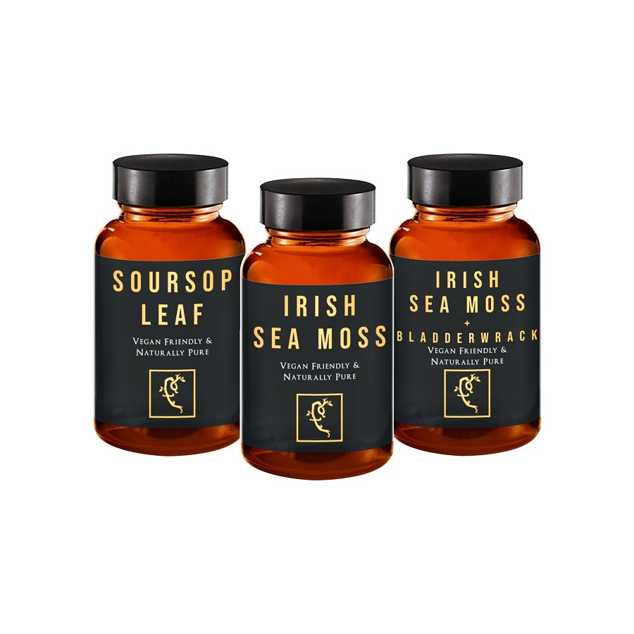 Farmacy For Life's Soursop Leaf capsules, Irish Sea Moss capsules and Irish Sea Moss + Bladderwrack capsules in their packaging next to each other