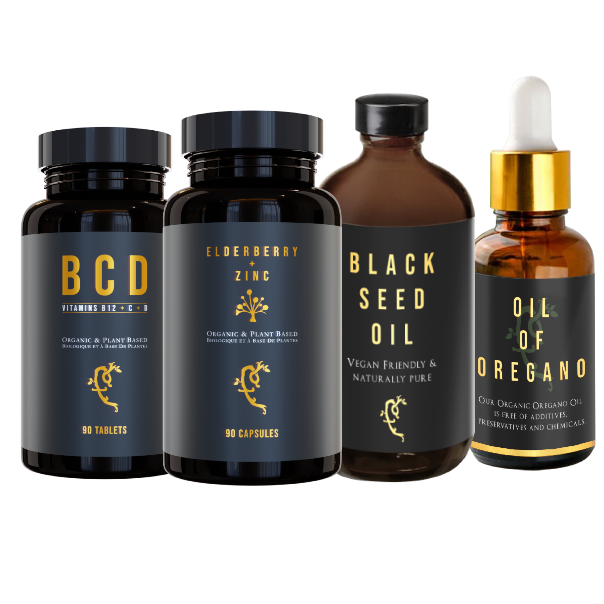 Farmacy For Life's Vitamins BCD capsules, Elderberry + Zinc capsules, Black Seed Oil (cold-pressed) and Oil of Oregano in their packaging next to each other