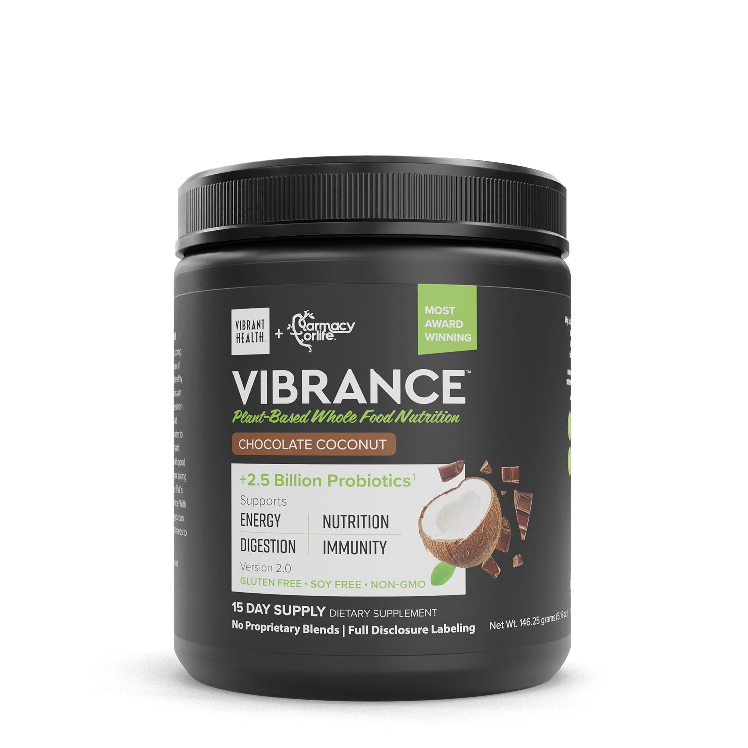 Farmacy For Life + Vibrant Health's Vibrance: Plant-Based Whole Food Nutrition Chocolate Coconut in its packaging