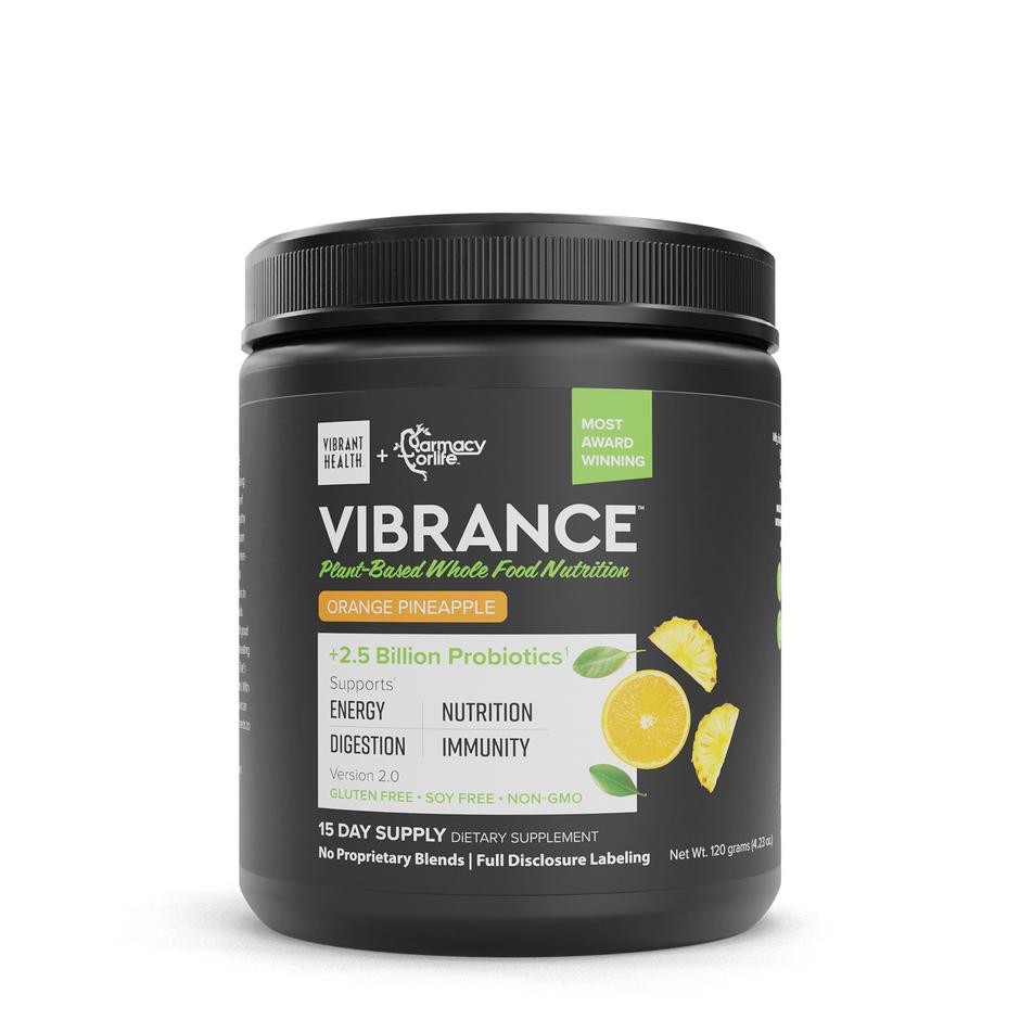 Farmacy For Life + Vibrant Health's Vibrance: Plant-Based Whole Food Nutrition Orange Pineapple in its packaging