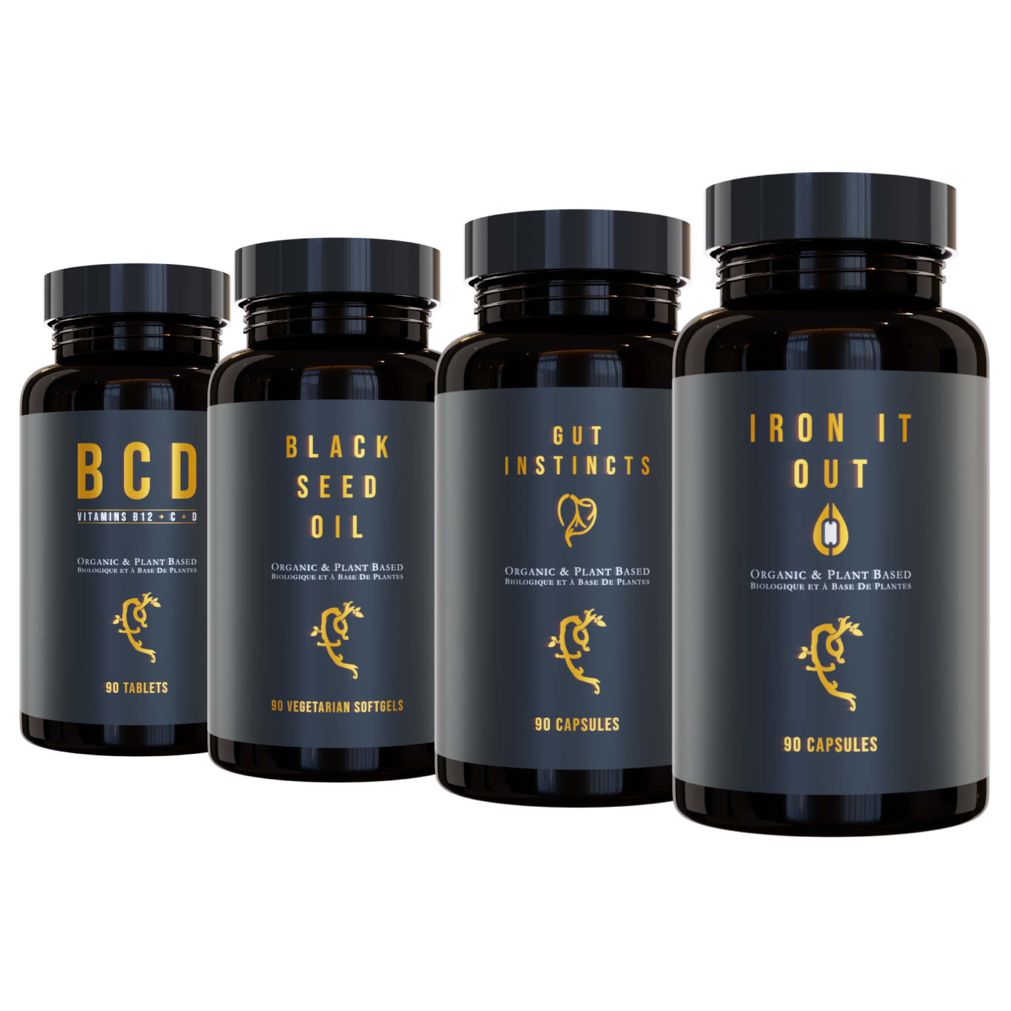 Farmacy For Life's Vitamins BCD capsules, Black Seed Oil capsules, Gut Instincts capsules and Iron It Out capsules in their packaging next to each other