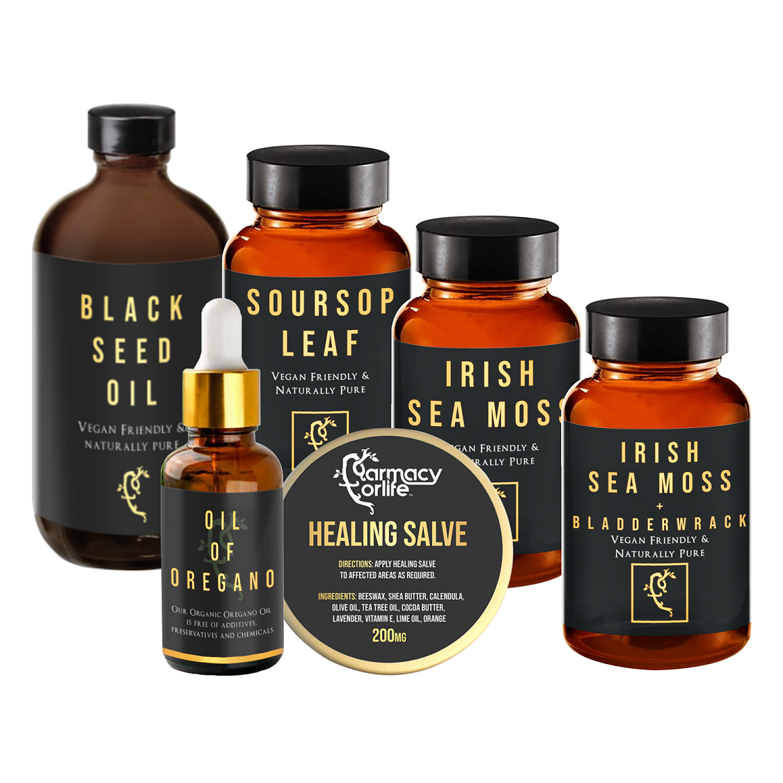Farmacy For Life's Black Seed Oil (cold-pressed), Soursop Leaf capsules, Irish Sea Moss capsules, Irish Sea Moss + Bladderwrack capsules, Oil of Oregano and Healing Salve in their packaging next to each other