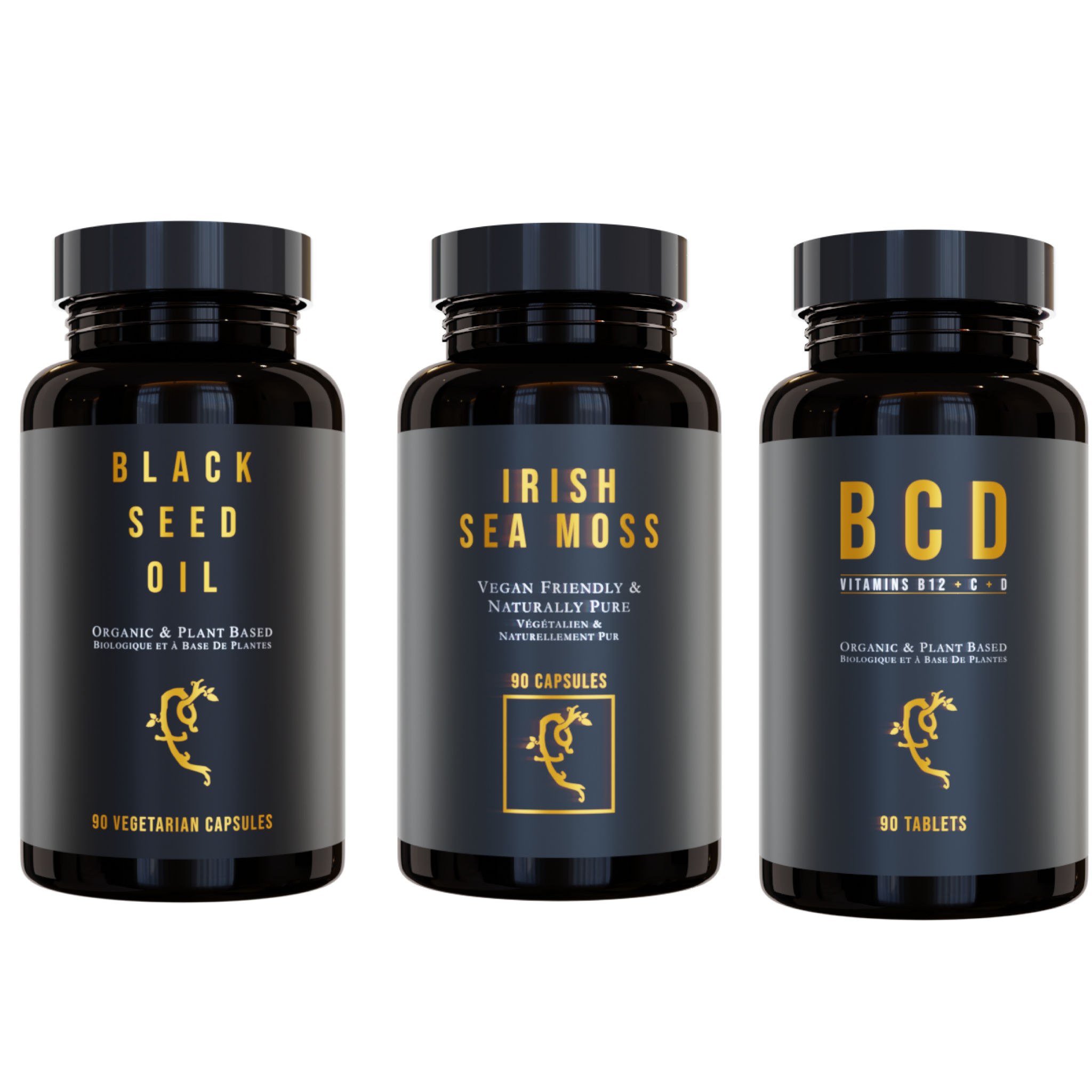 Farmacy For Life's Black Seed Oil capsules, Irish Sea Moss capsules and Vitamins BCD capsules next to each other