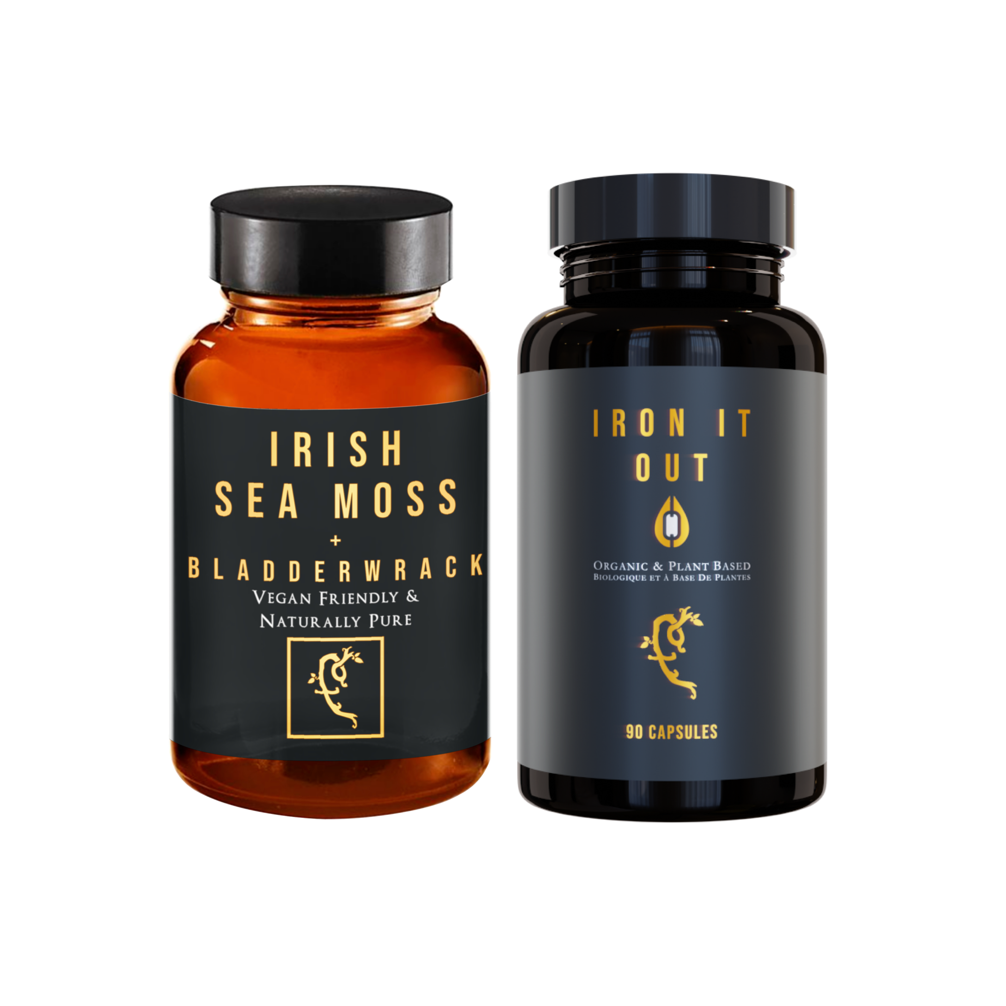 Farmacy For Life's Irish Sea Moss + Bladderwrack capsules and Iron It Out capsules in their packaging next to each other