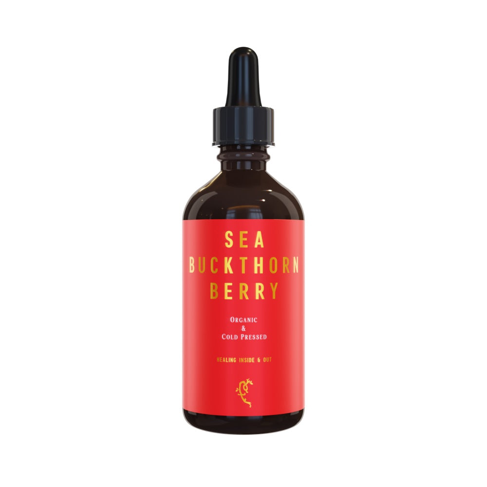 Close up of Farmacy For Life's Sea Buckthorn Berry bottle