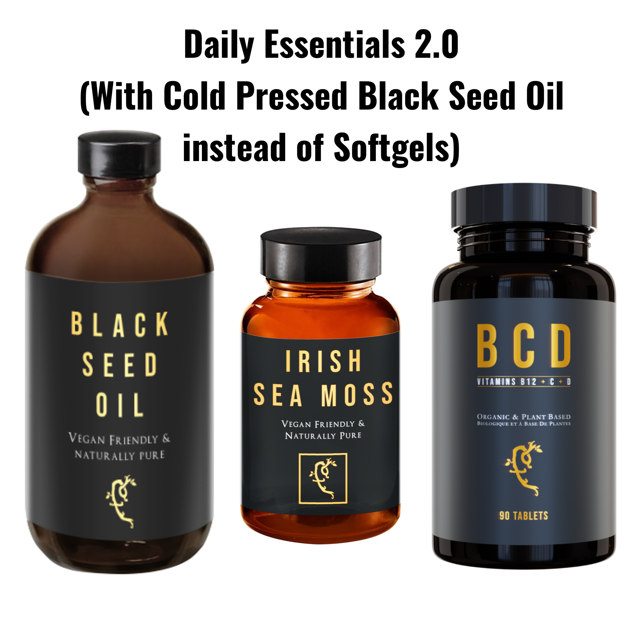 Farmacy For Life's Black Seed Oil (cold-pressed), Irish Sea Moss capsules and Vitamins BCD capsules in their packaging next to each other with title "Daily Essentials 2.0" above it