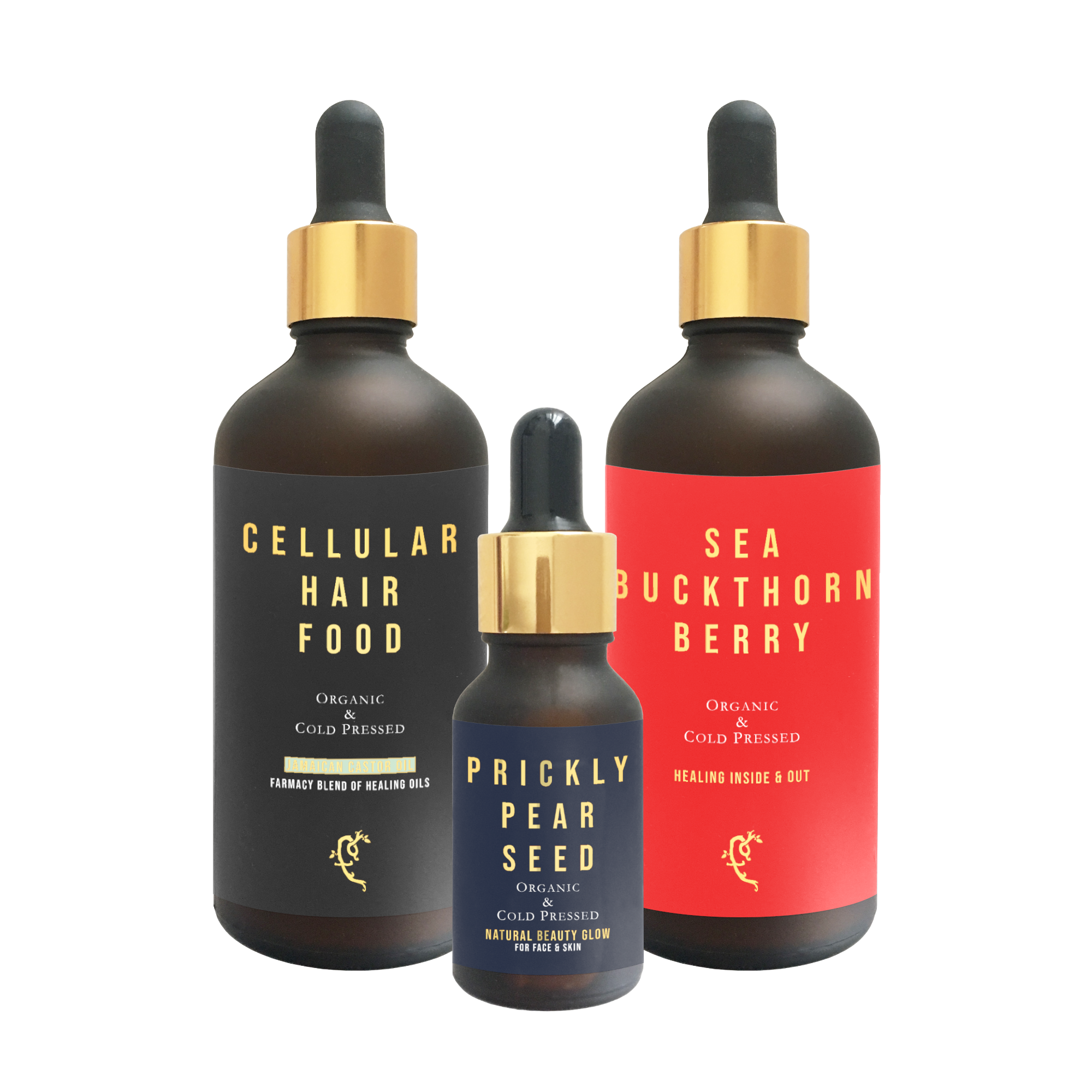 Farmacy For Life's Cellular Hair Food, Prickly Pear Seed and Sea Buckthorn Berry in their packaging next to each other