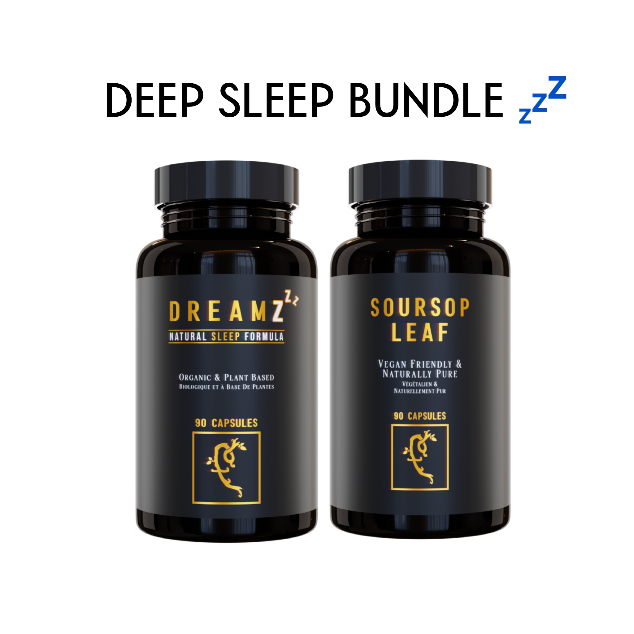 Farmacy For Life's Soursop Leaf Capsules and Dreamz capsules in their packaging with the title "Deep Sleep Bundle" above