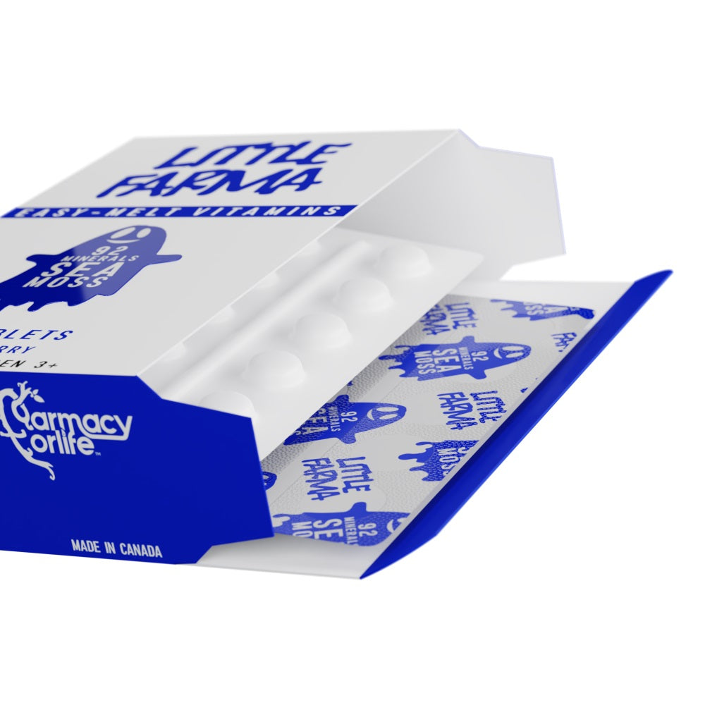 An opened pack of Little Farma Brain Sea Moss tablets