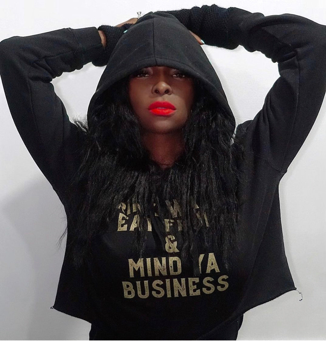 Black Farmacy For Life branded sweater worn by Adjua Styles