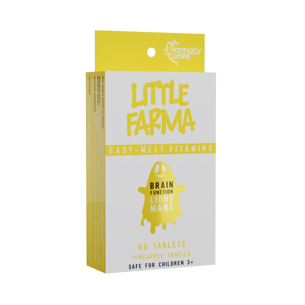 Close up of Farmacy For Life's Little Farma Brain Function Lion's Mane tablets in its packaging