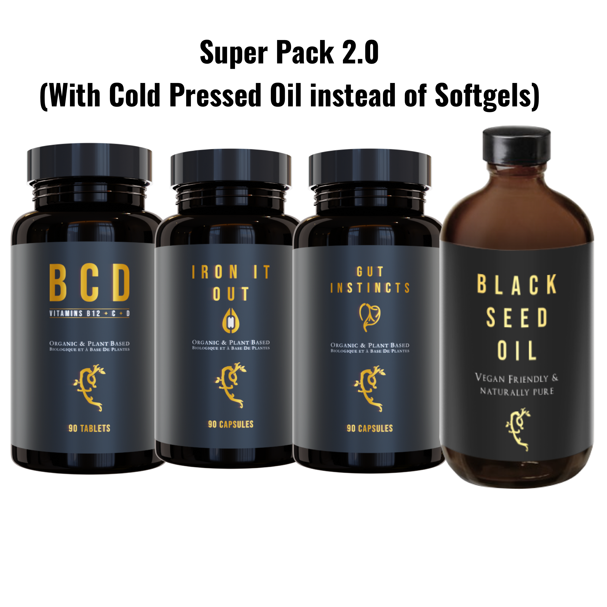 Farmacy For Life's Vitamins BCD capsules, Iron It Out capsules, Gut Instincts capsules and Black Seed Oil (cold-pressed) in their packaging next to each other with title "Super Pack 2.0" above