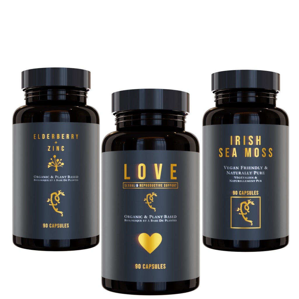 Farmacy For Life's Elderberry + Zinc capsules, LOVE capsules and Irish Sea Moss capsules in their packaging next to each other