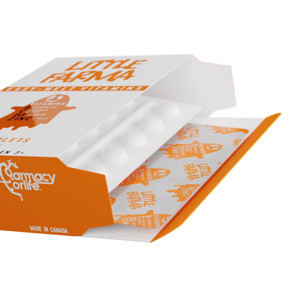 An opened pack of Little Farma Vitamins B, C, D3 and Zinc tablets