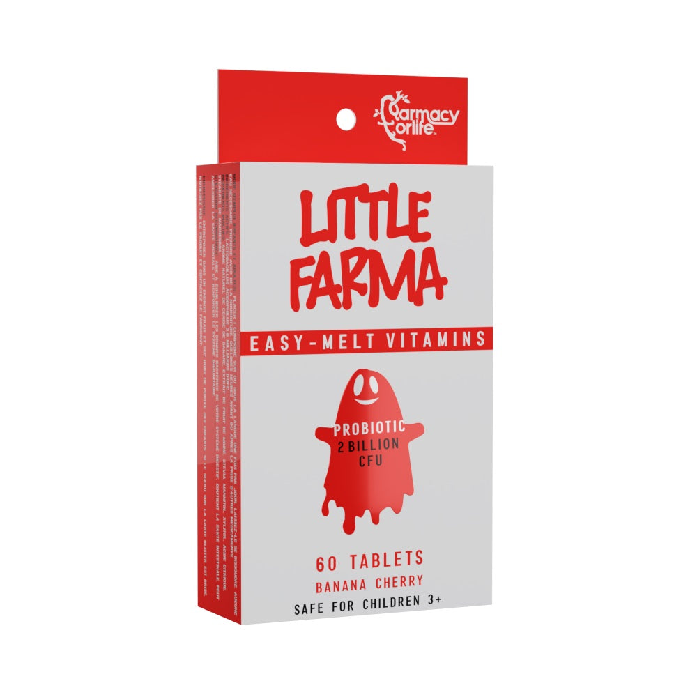 Close up of Farmacy For Life's Little Farma Probiotic 2 Billion CFU tablets in its packaging