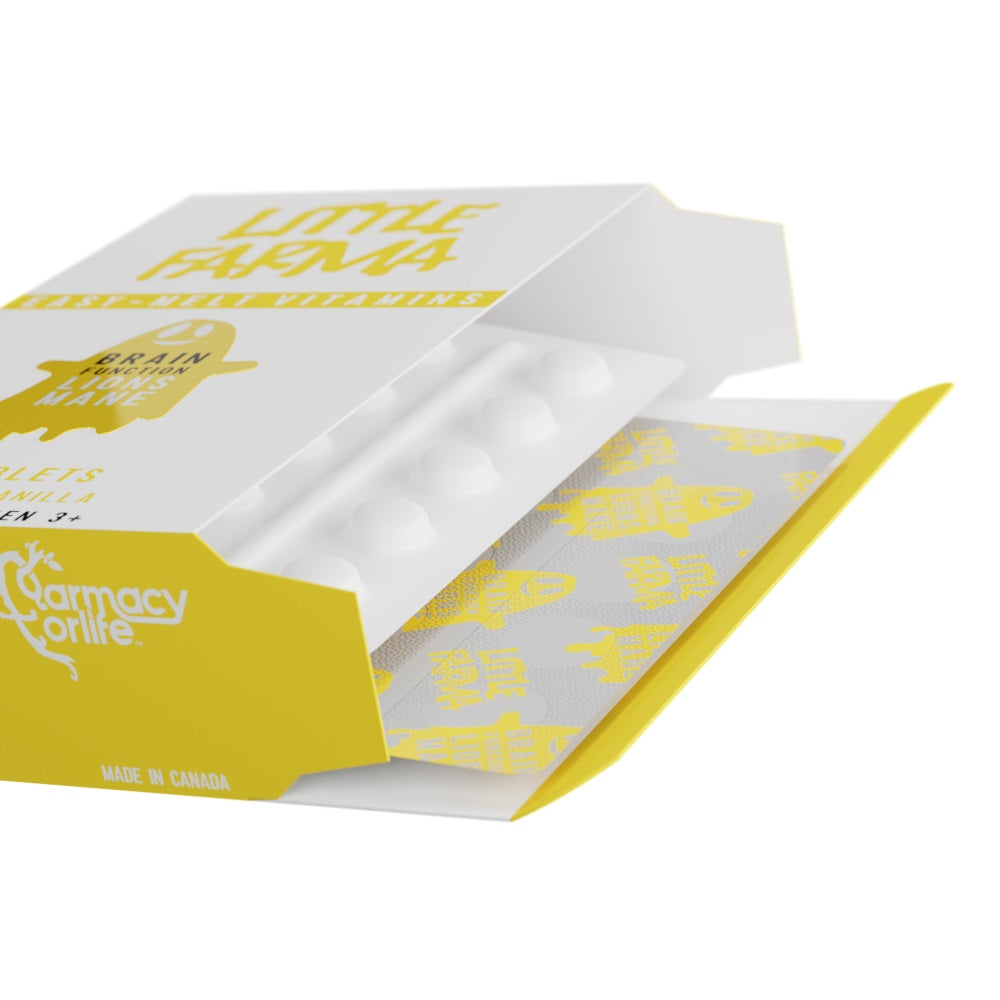 An opened pack of Little Farma Brain Function Lion's Mane tablets