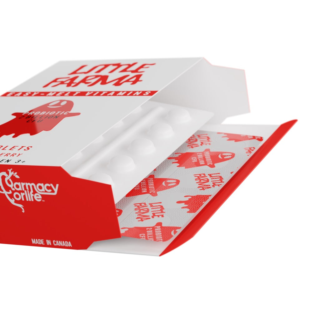 An opened pack of Little Farma Probiotic 2 Billion CFU tablets