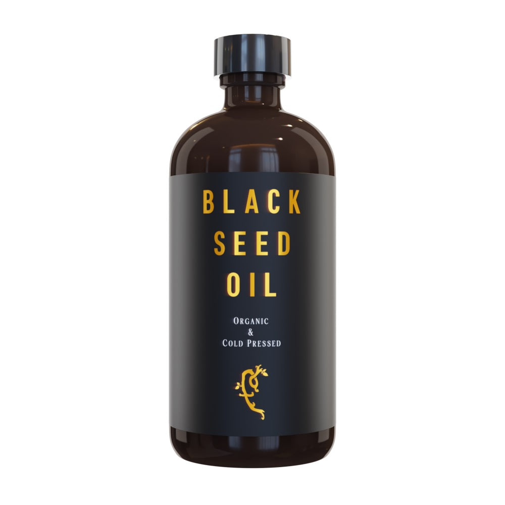 Close up of Farmacy For Life's organic Black Seed Oil (cold-pressed) 8oz bottle