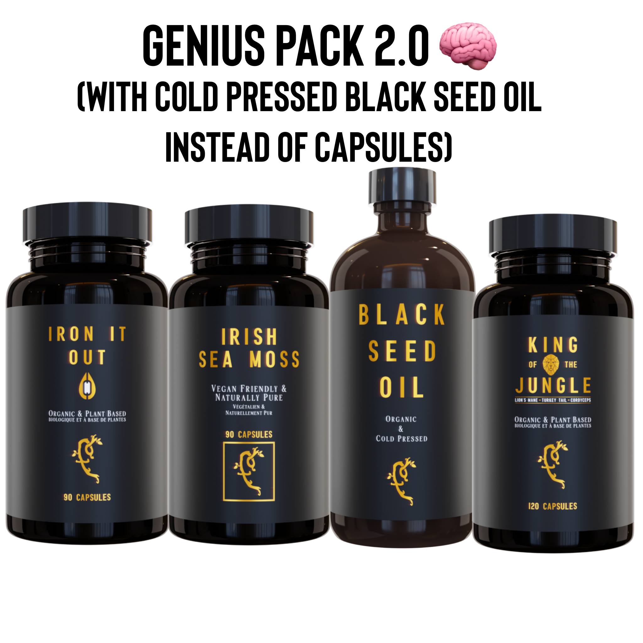 Farmacy For Life's Iron It Out, Irish Sea Moss Capsules, Black Seed Oil (Cold-Pressed) and King of the Jungle capsules in their packaging next to each other with the title Genius Pack 2.0 above