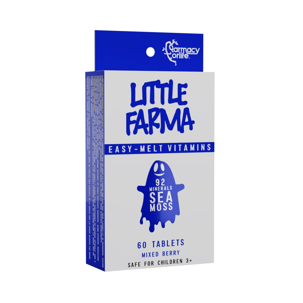 Close up of Farmacy For Life's Little Farma Sea Moss tablets in its packaging