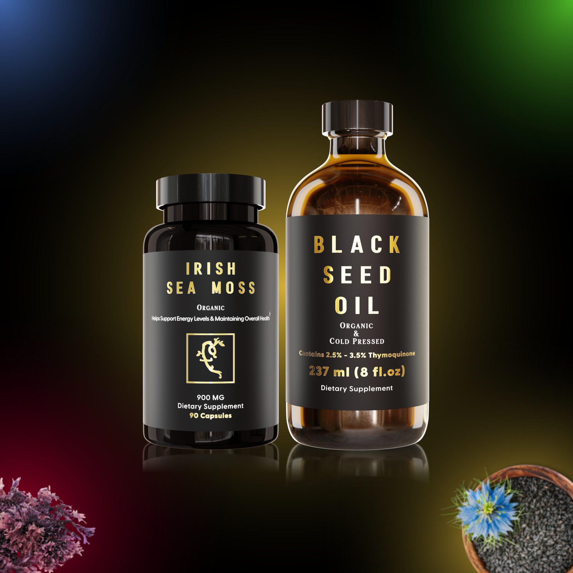 Brown bottle labeled 'Black Seed Oil, Organic & Cold Pressed.'