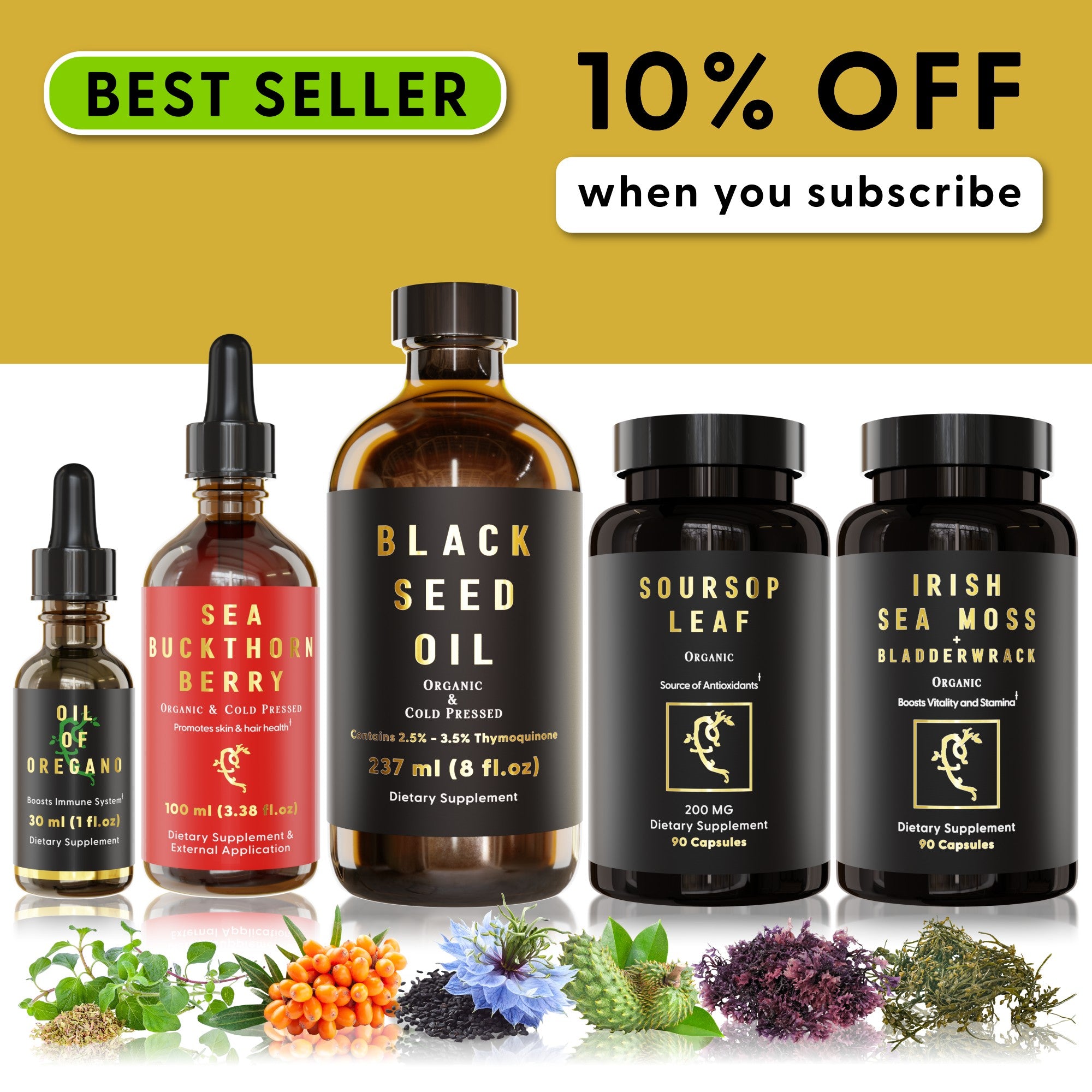 Brown bottle labeled 'Black Seed Oil, Organic & Cold Pressed.'