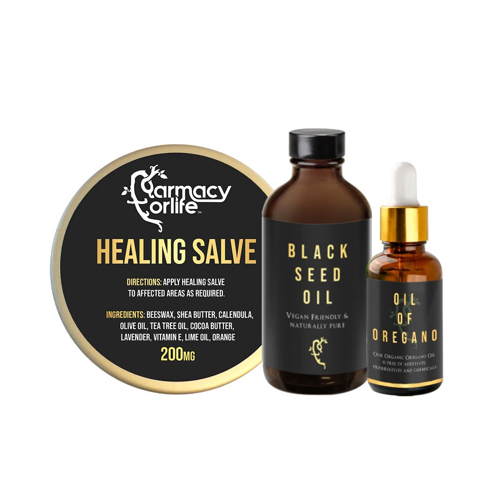 Farmacy For Life's Healing Salve, Black Seed Oil (cold-pressed) and Oil of Oregano in their packaging next to each other