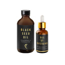 Farmacy For Life's Black Seed Oil (cold-pressed) and Oil of Oregano in their packaging next to each other